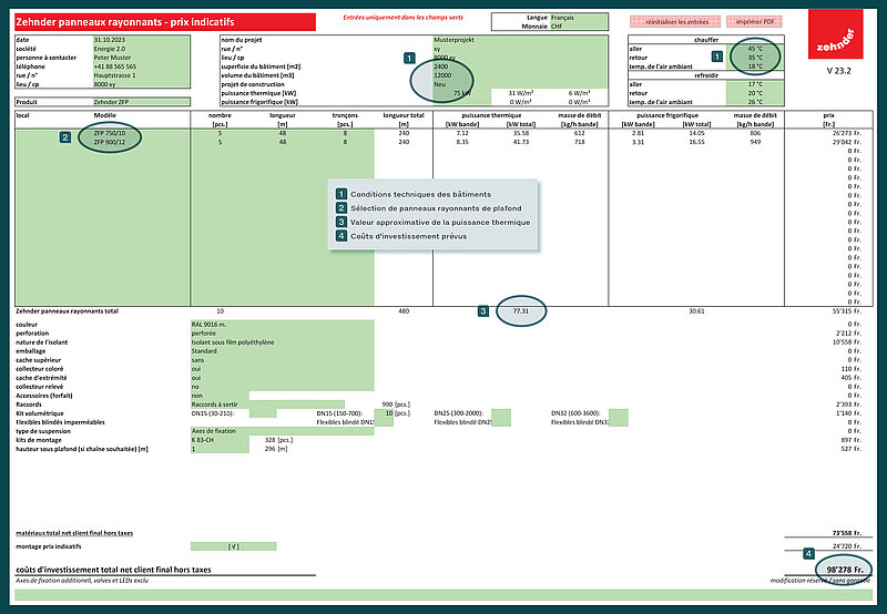 Outil d’estimation des coûts Zehnder pour panneaux rayonnants de plafond